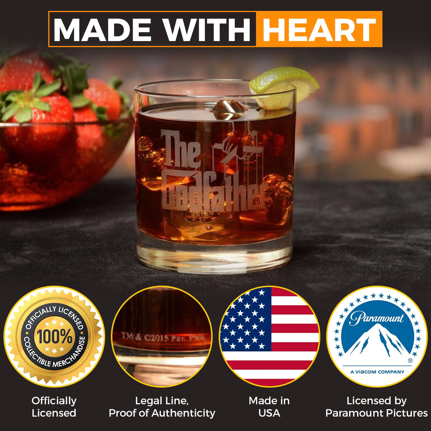 The Godfather Movie Etched Whiskey Glass - Officially Licensed, Premium Quality, Handcrafted Glassware, 11 oz Rocks Glass - Perfect Collectible Gift for Movie Enthusiasts, Birthdays & Special Events