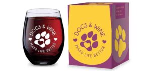 gsm brands stemless wine glass for dog lovers (dogs and wine make life better) made of unbreakable tritan plastic and dishwasher safe - 16 ounces