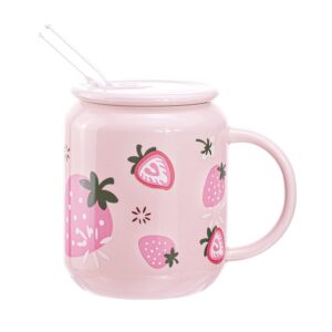 sizikato porcelain mug with lid and straw, 13 oz water cup with handle, cute strawberry pattern