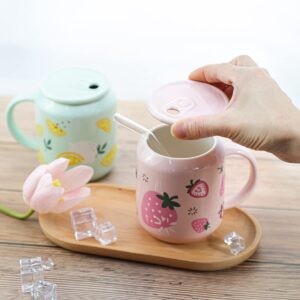 Sizikato Porcelain Mug with Lid and Straw, 13 Oz Water Cup with Handle, Cute Strawberry Pattern