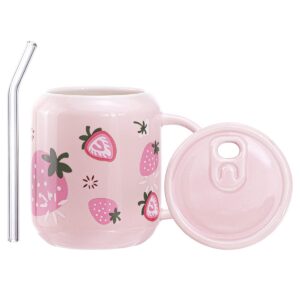 Sizikato Porcelain Mug with Lid and Straw, 13 Oz Water Cup with Handle, Cute Strawberry Pattern