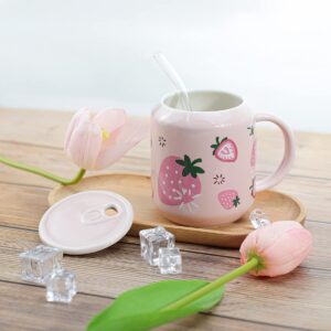 Sizikato Porcelain Mug with Lid and Straw, 13 Oz Water Cup with Handle, Cute Strawberry Pattern