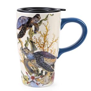 minigift ceramic coffee mug，travel cup with lid,handmade milk mug 16oz-ocean turtle
