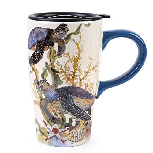 Minigift Ceramic Coffee Mug，Travel Cup with Lid,Handmade Milk Mug 16oz-Ocean Turtle