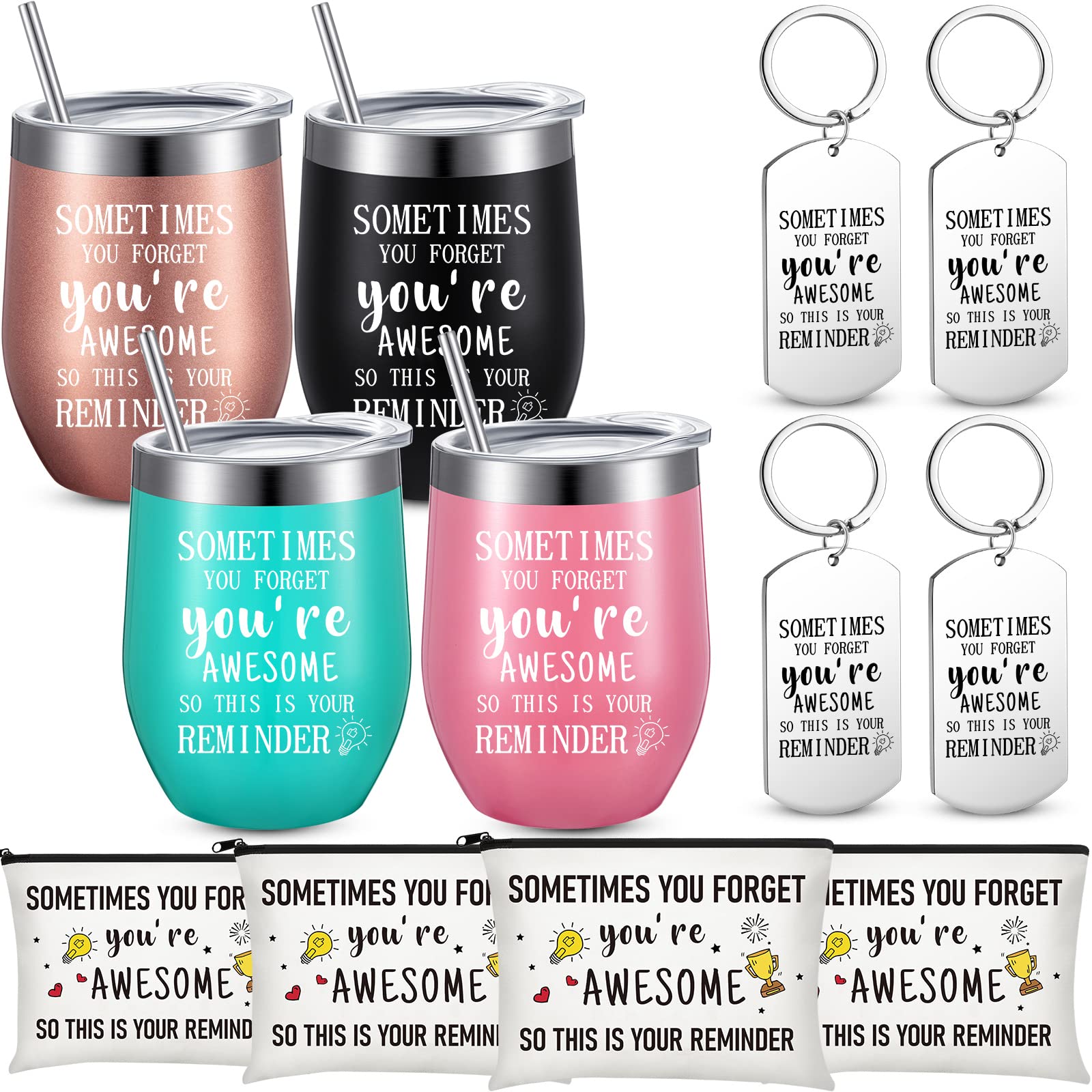 Sabary 12 Piece Employee Appreciation Gifts Set Wine Tumbler with Makeup Bags and Keychains Sometimes You Forget You're Awesome 12 oz Coffee Mugs Inspirational Gifts for Friends, Coworkers