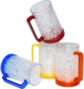 patiomos drinking glasses cups, double wall gel freezer beer mugs, freezer ice mugs cups, 16oz, plastic cooling beer mug clear set of 4 (red, green, blue, orange)