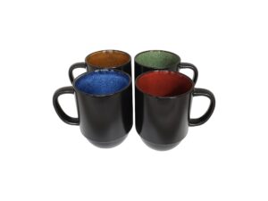 essential drinkware 14oz capua stackable ceramic coffee mugs, black outside with assorted color inside - set of 4 cups with large handles and bright reactive glaze patterned interior