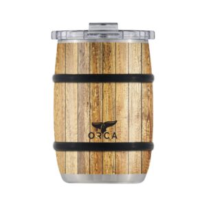 orca barrel 12oz | temperature insulated, stainless steel tumbler with a classy wood grain print, for whiskey, beer, coffee or whatever you're having — white oak