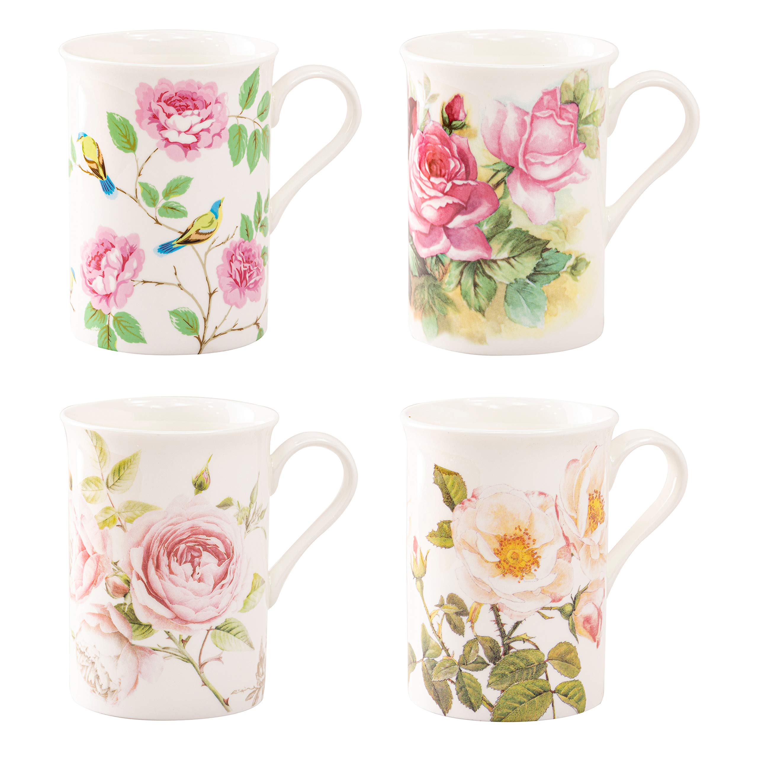 Grace Teaware Bone China Coffee Tea Mugs 9-Ounce, Assorted Set of 4 (Rose Petal Garden)