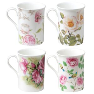 Grace Teaware Bone China Coffee Tea Mugs 9-Ounce, Assorted Set of 4 (Rose Petal Garden)