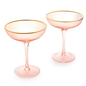 large 9oz colored blush pink & gilded rim coupe glass, champagne, martini & cocktail, dessert & glasses 2-set vibrant color short gold vintage tumblers, no stem margarita, vintage glassware gift idea