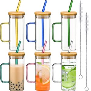 rtteri 6 set square glass cups drinking glasses with bamboo lid straw and handle portable coffee mugs for graduation party mother's day gifts(bright color, 13 oz, small)