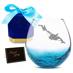 orca whale gifts, christmas gifts for mom, killer whale orca handmade etched crackle wine glass orca gifts for beach party