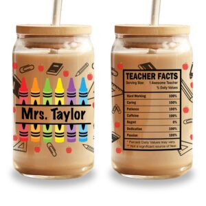personalized teacher tumbler iced coffee glass cup - perfect end of school year student appreciation thank you gift with bamboo lid and straw for teachers, bulk discounts available - libbey