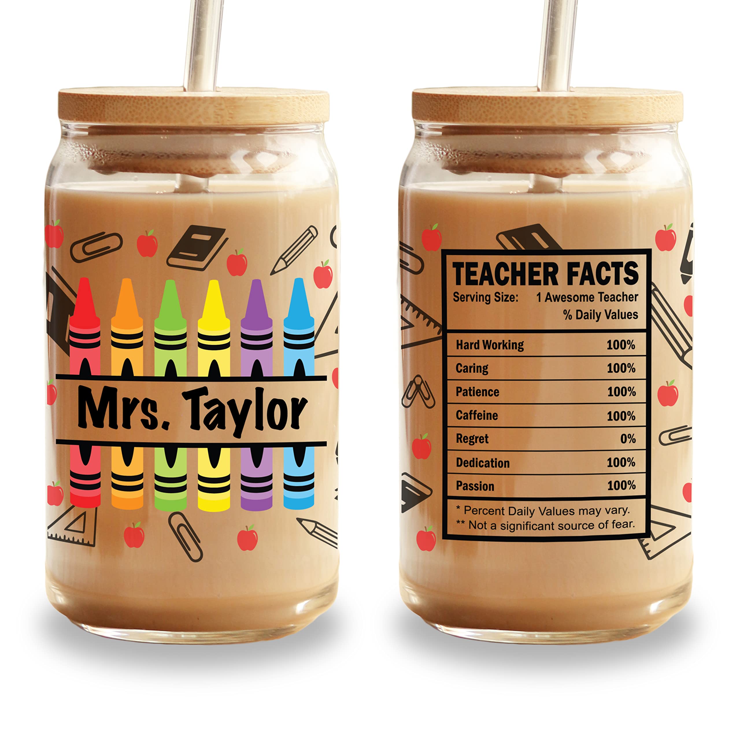 Personalized Teacher Tumbler Iced Coffee Glass Cup - Perfect End of School Year Student Appreciation Thank You Gift with Bamboo Lid and Straw for Teachers, Bulk Discounts Available - Libbey