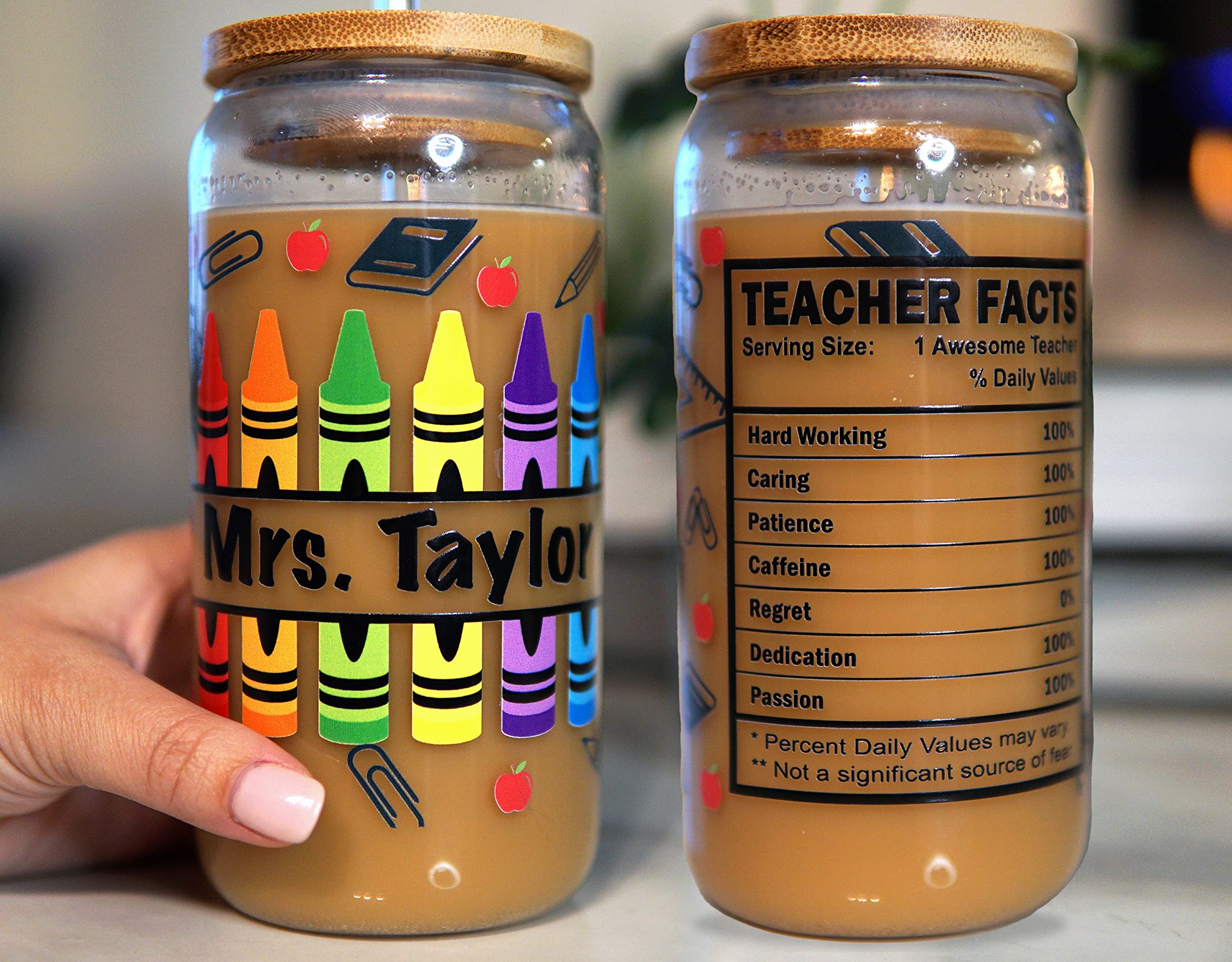 Personalized Teacher Tumbler Iced Coffee Glass Cup - Perfect End of School Year Student Appreciation Thank You Gift with Bamboo Lid and Straw for Teachers, Bulk Discounts Available - Libbey