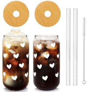 iced coffee cups, can shaped glass cups, 20 oz hearts cup beer glass, love can couple drinking glasses, glass cup with bamboo lids and straws - 2 sets