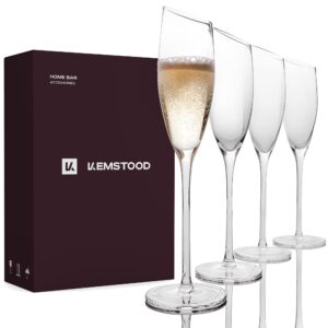 kemstood champagne flutes - modern crystal mimosa glasses (6.4 oz) for sparkling wine - slanted champagne glasses set of 4 - birthday gifts for men - christmas gifts for men and women