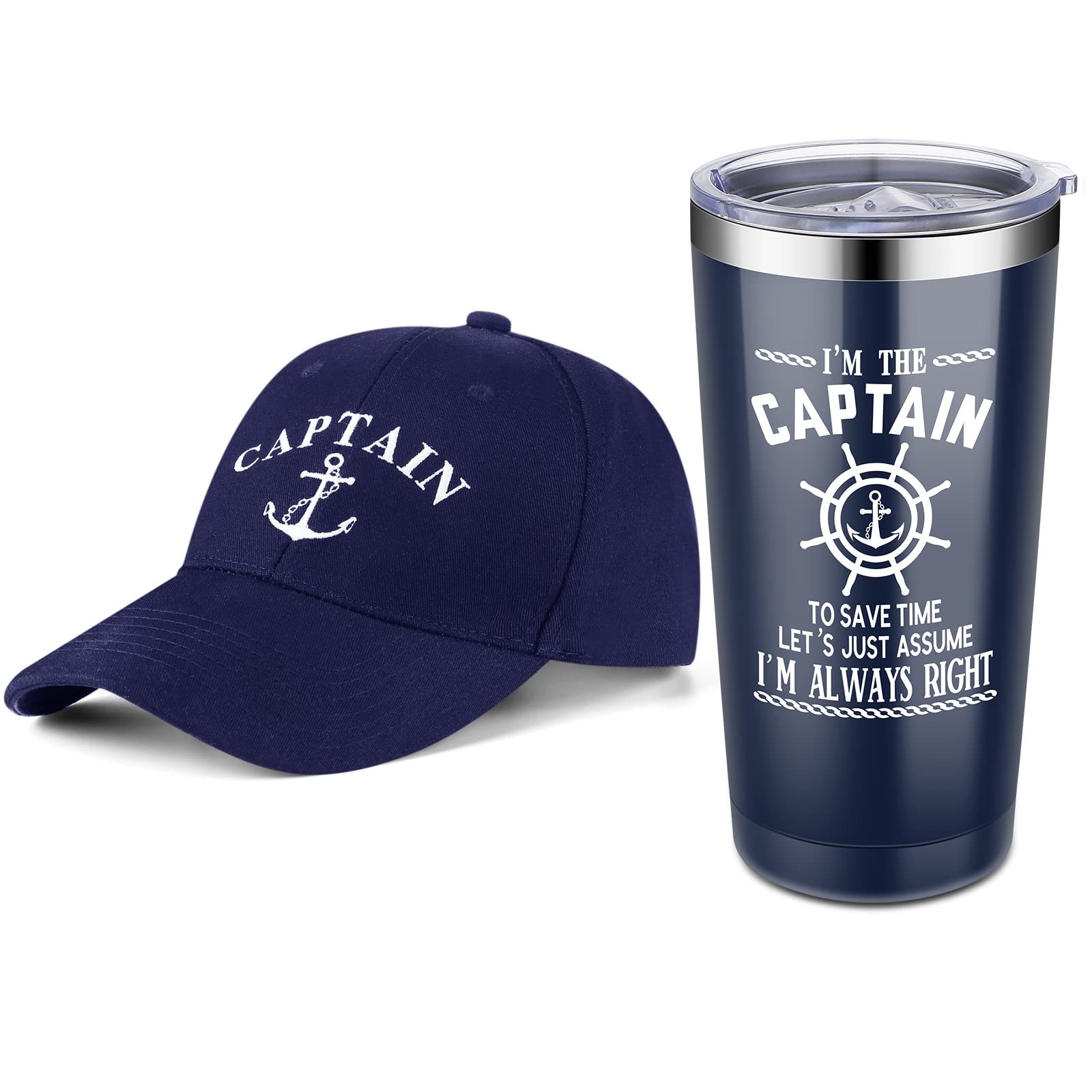 Handepo Boating Accessories Gifts for Men Boat Captain Cap I'm Captain Tumbler Boating Baseball Cap Nautical Cups Stainless Steel Coffee Mug Summer Gifts (Navy Blue)