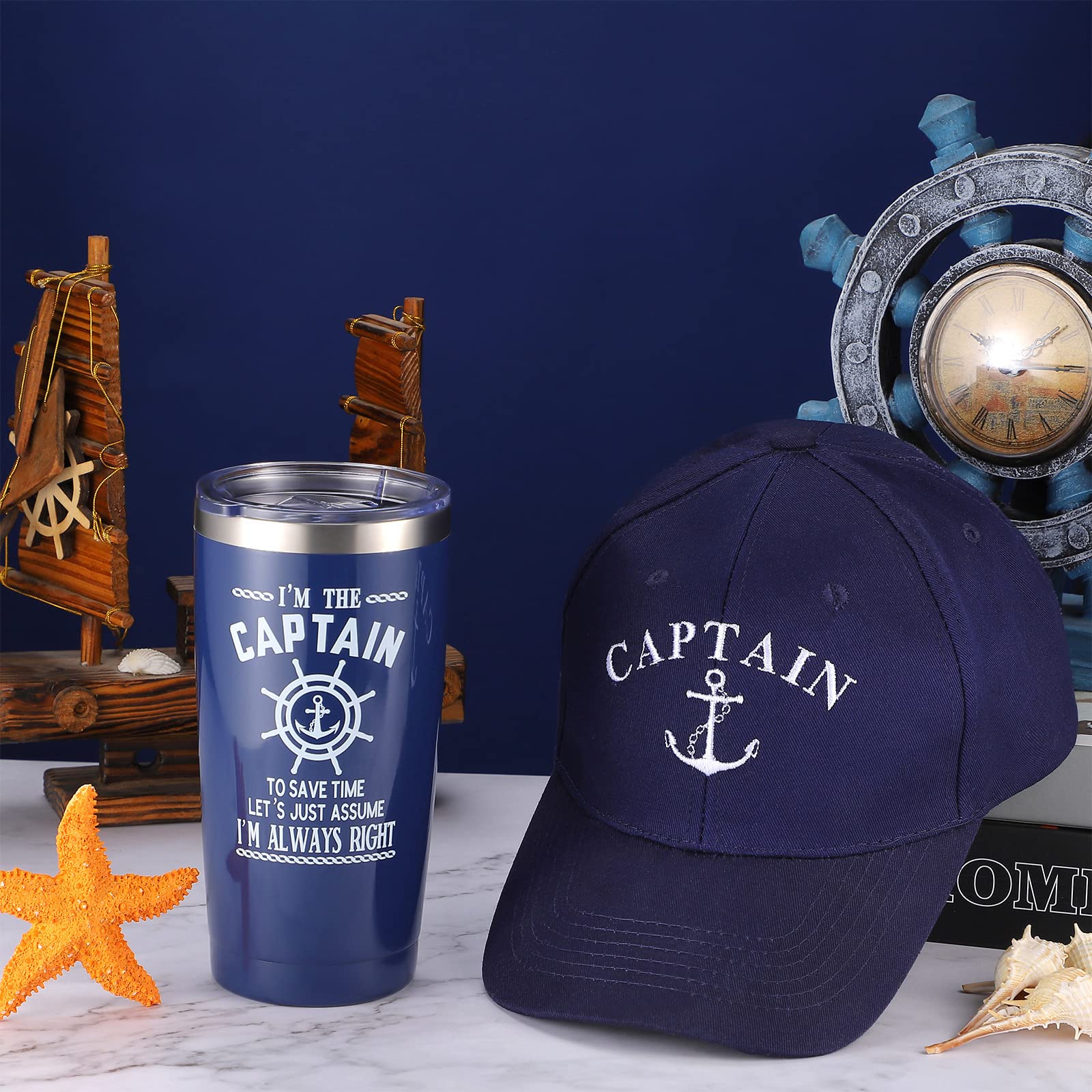 Handepo Boating Accessories Gifts for Men Boat Captain Cap I'm Captain Tumbler Boating Baseball Cap Nautical Cups Stainless Steel Coffee Mug Summer Gifts (Navy Blue)