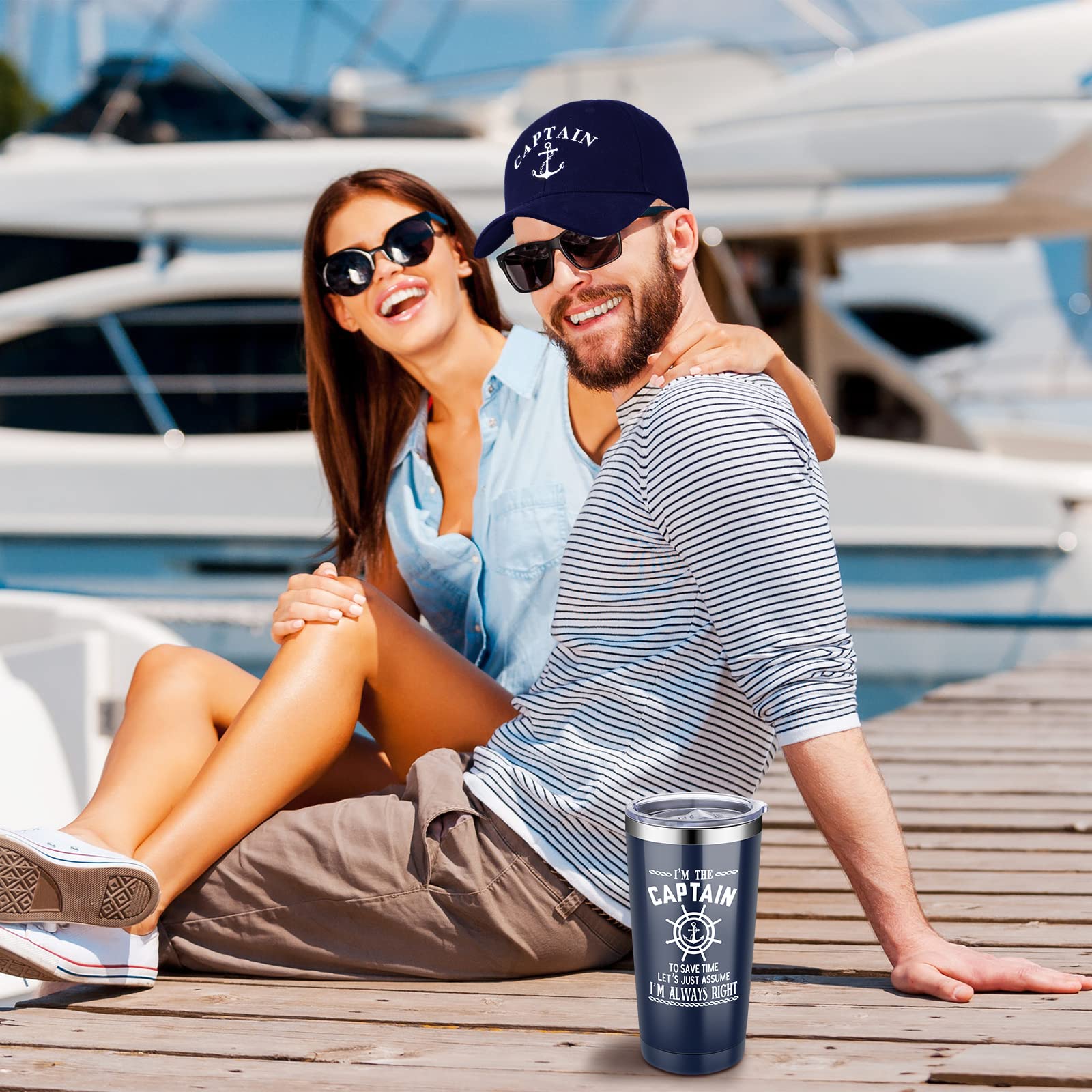 Handepo Boating Accessories Gifts for Men Boat Captain Cap I'm Captain Tumbler Boating Baseball Cap Nautical Cups Stainless Steel Coffee Mug Summer Gifts (Navy Blue)