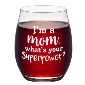 gtmileo mom wine glass - funny i'm a mom what's your superpower stemless wine glass, unique mother's day gift for mom, new mom, mama, women, gag gift idea for mother's day, birthday, christmas, 15oz