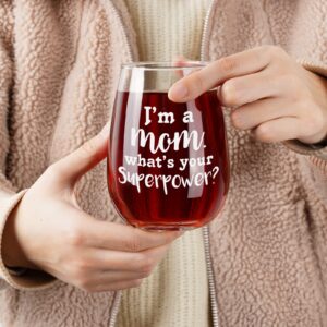 Gtmileo Mom Wine Glass - Funny I'm a Mom What's Your Superpower Stemless Wine Glass, Unique Mother's Day Gift for Mom, New Mom, Mama, Women, Gag Gift Idea for Mother's Day, Birthday, Christmas, 15Oz