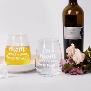 Gtmileo Mom Wine Glass - Funny I'm a Mom What's Your Superpower Stemless Wine Glass, Unique Mother's Day Gift for Mom, New Mom, Mama, Women, Gag Gift Idea for Mother's Day, Birthday, Christmas, 15Oz