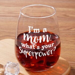 Gtmileo Mom Wine Glass - Funny I'm a Mom What's Your Superpower Stemless Wine Glass, Unique Mother's Day Gift for Mom, New Mom, Mama, Women, Gag Gift Idea for Mother's Day, Birthday, Christmas, 15Oz