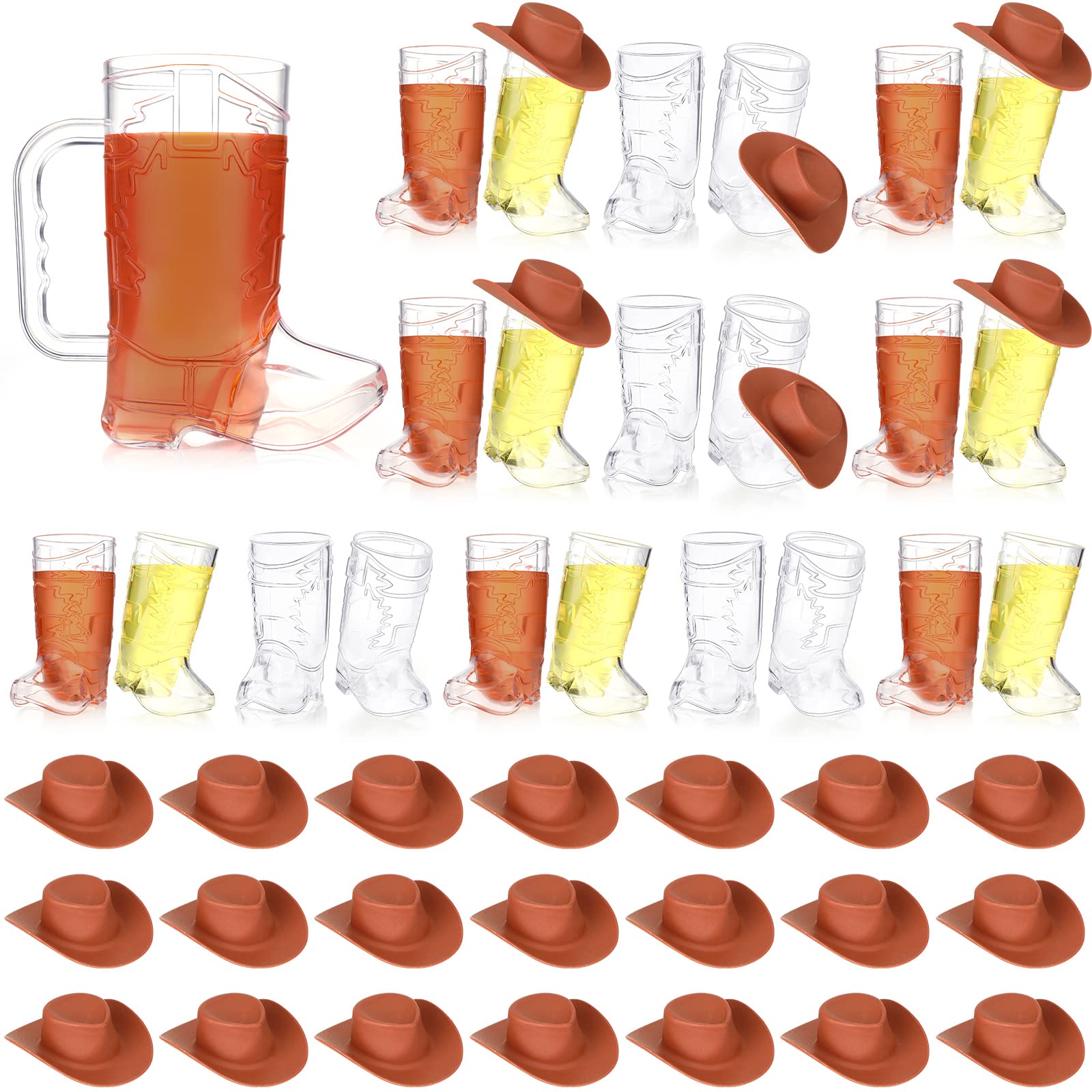 67 Pcs Cowboy Boot Shot Glasses Set Include 30 Pcs 1oz Plastic Western Beer Mugs 36 Pcs Mini Cowboy Hats and 1 Pcs 16 oz Reusable Cowboy Boot Cup for Cowgirl Bachelorette Party Supplies(Brown Style)