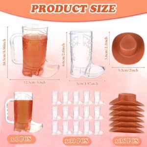 67 Pcs Cowboy Boot Shot Glasses Set Include 30 Pcs 1oz Plastic Western Beer Mugs 36 Pcs Mini Cowboy Hats and 1 Pcs 16 oz Reusable Cowboy Boot Cup for Cowgirl Bachelorette Party Supplies(Brown Style)