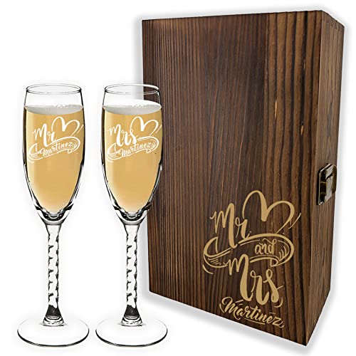 Personalized Mr & Mrs Toasting Glass Set - Engraved Wooden Box Included -Custom Engagement & Anniversary Gift