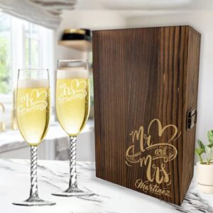 Personalized Mr & Mrs Toasting Glass Set - Engraved Wooden Box Included -Custom Engagement & Anniversary Gift