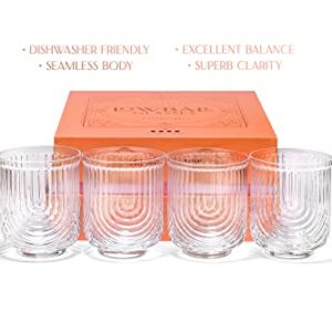 GLASSIQUE CADEAU Vintage Art Deco Lowball Gatsby Cocktail Glasses | Set of 4 | 13 oz Double Old Fashioned Tumblers for Drinking Classic Whiskey, Gin, Vodka Bar Drinks | Round Short Glassware