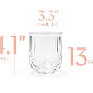 GLASSIQUE CADEAU Vintage Art Deco Lowball Gatsby Cocktail Glasses | Set of 4 | 13 oz Double Old Fashioned Tumblers for Drinking Classic Whiskey, Gin, Vodka Bar Drinks | Round Short Glassware