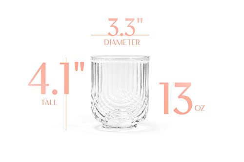 GLASSIQUE CADEAU Vintage Art Deco Lowball Gatsby Cocktail Glasses | Set of 4 | 13 oz Double Old Fashioned Tumblers for Drinking Classic Whiskey, Gin, Vodka Bar Drinks | Round Short Glassware