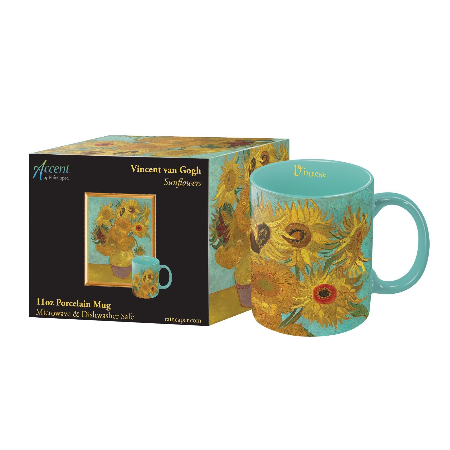 RainCaper van Gogh Sunflowers Large Porcelain Fine Art Coffee and Tea Mug for Home and Office, 11 Oz, Dishwasher and Microwave Safe