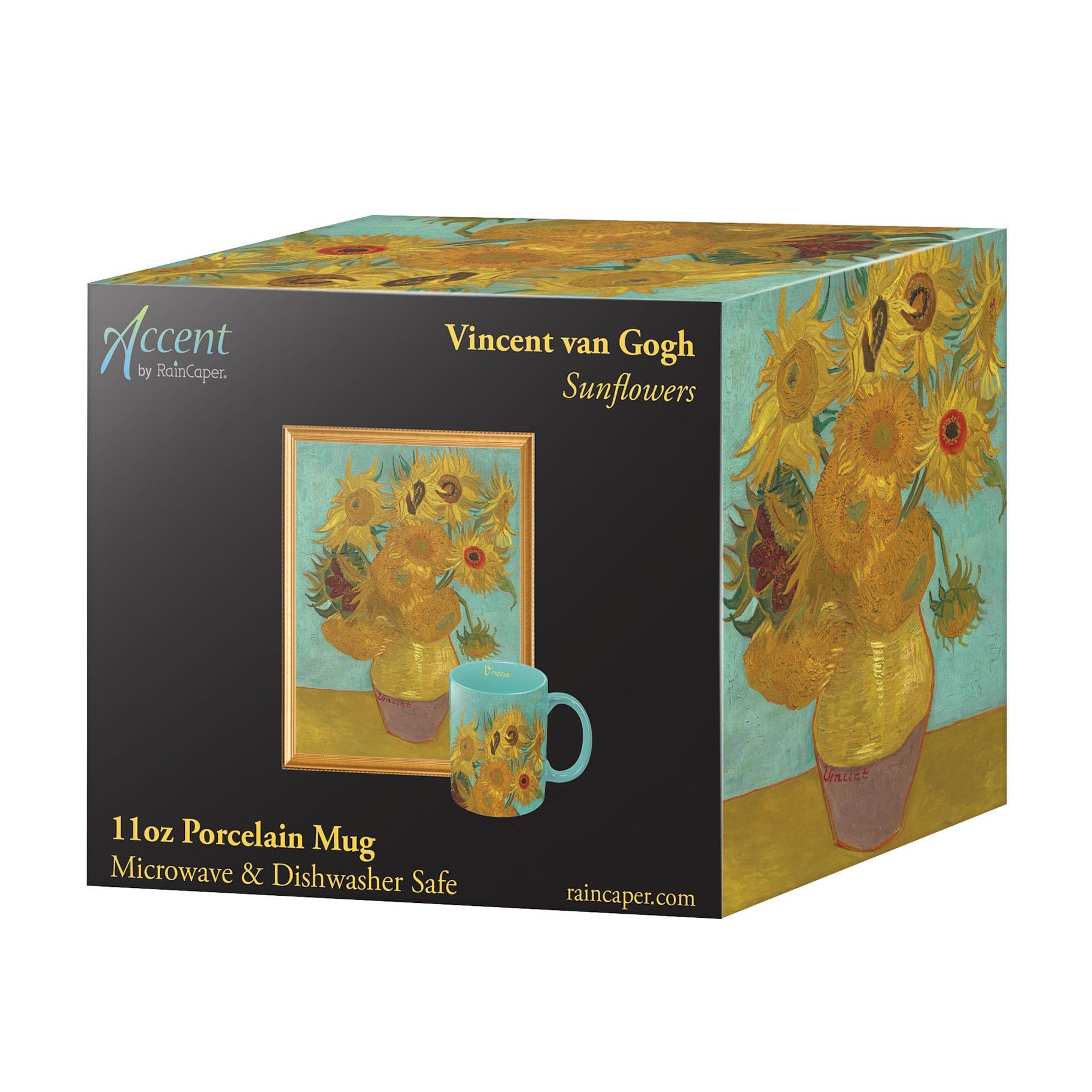 RainCaper van Gogh Sunflowers Large Porcelain Fine Art Coffee and Tea Mug for Home and Office, 11 Oz, Dishwasher and Microwave Safe