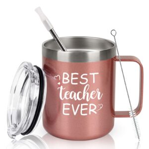 qtencas teacher gifts, best teacher ever coffee mug, thank you appreciation gifts for teachers women on birthday christmas, 12 oz stainless steel travel mug, rose gold