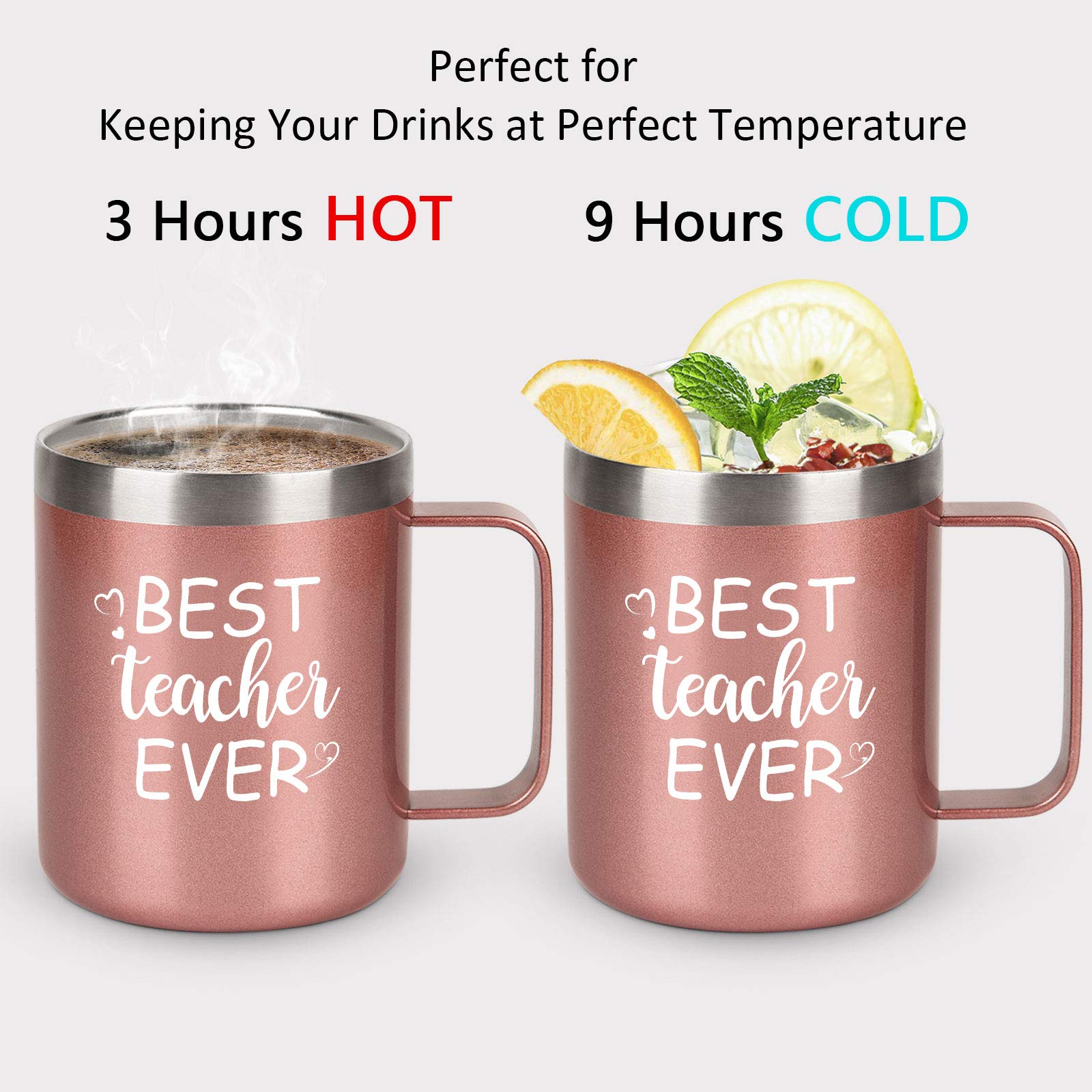 Qtencas Teacher Gifts, Best Teacher Ever Coffee Mug, Thank You Appreciation Gifts for Teachers Women on Birthday Christmas, 12 Oz Stainless Steel Travel Mug, Rose Gold