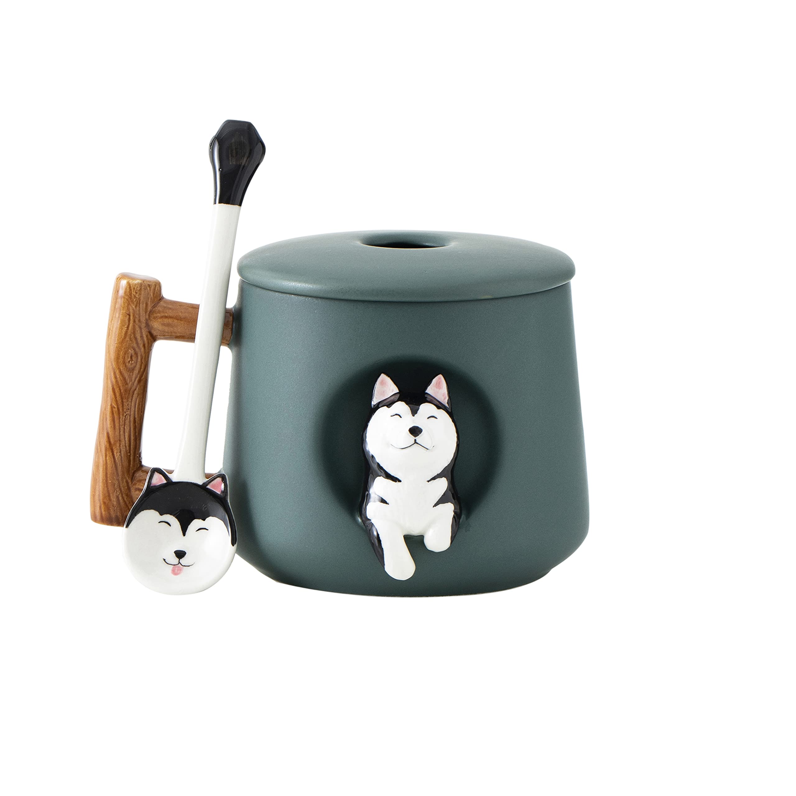 DIHOclub Ceramic Coffee Mug with Lid and Matching Spoon,Novelty 3D Husky Pattern Mug for Tea Milk Chocolate Juice,Cute Cup for Dog Lovers,Perfect Gifts-14 Ounces (green)