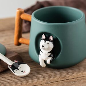 DIHOclub Ceramic Coffee Mug with Lid and Matching Spoon,Novelty 3D Husky Pattern Mug for Tea Milk Chocolate Juice,Cute Cup for Dog Lovers,Perfect Gifts-14 Ounces (green)