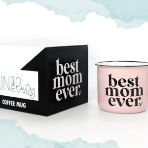 June & Lucy Mom Mug with Stylish Gift Box- Best Mom Ever Novelty Gifts for Mom Cute Coffee Mugs for Women - Pink Coffee Mug with Black Hand Lettering - 15 oz Microwave and Dishwasher Safe.