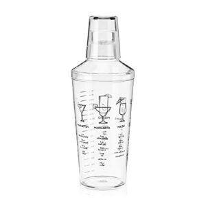 True Cocktail Shaker with Recipes for Cocktails and Ounce Measurements, Built-in Strainer, 16 oz, Clear Plastic