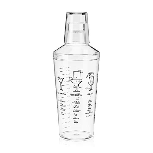 True Cocktail Shaker with Recipes for Cocktails and Ounce Measurements, Built-in Strainer, 16 oz, Clear Plastic