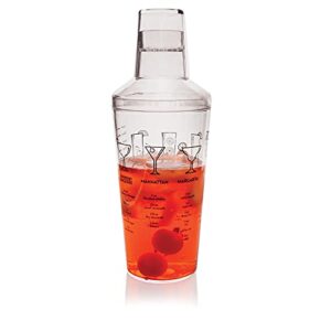 True Cocktail Shaker with Recipes for Cocktails and Ounce Measurements, Built-in Strainer, 16 oz, Clear Plastic