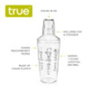 True Cocktail Shaker with Recipes for Cocktails and Ounce Measurements, Built-in Strainer, 16 oz, Clear Plastic