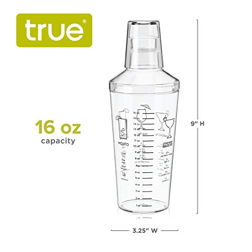 True Cocktail Shaker with Recipes for Cocktails and Ounce Measurements, Built-in Strainer, 16 oz, Clear Plastic