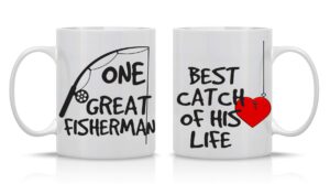 aw fashions one great fisherman, best catch of his life couples mug - funny couple mug - (2) 11oz coffee mug - funny mug gift set - mugs for husband and wife - him and her gifts