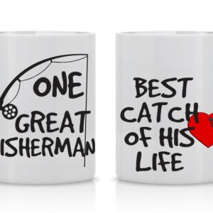 AW Fashions One Great Fisherman, Best Catch Of His Life Couples Mug - Funny Couple Mug - (2) 11OZ Coffee Mug - Funny Mug Gift Set - Mugs For Husband and Wife - Him And Her Gifts